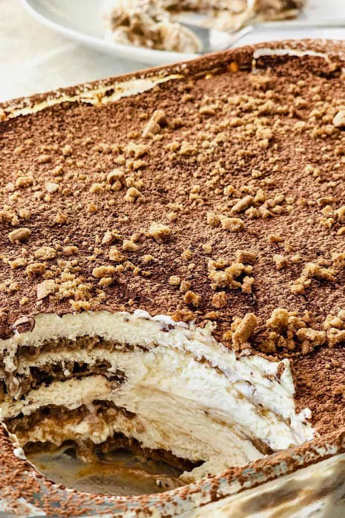 gingerbread eggnog tiramisu in dish.