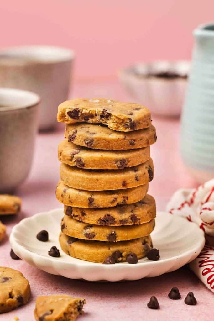 stack of chocolate chip shortbread cookies.