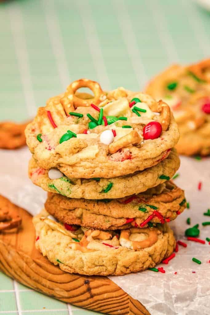 stack of kitchen sink cookies with holiday ingredients.