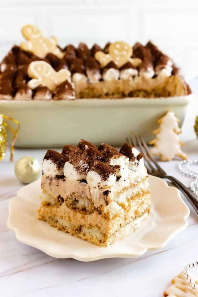slice of gingerbread tiramisu on plate.
