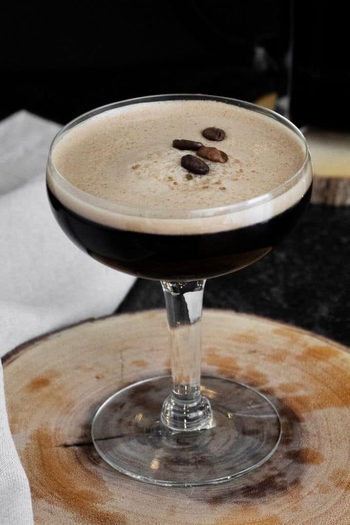hazelnut espresso martini in coupe glass.