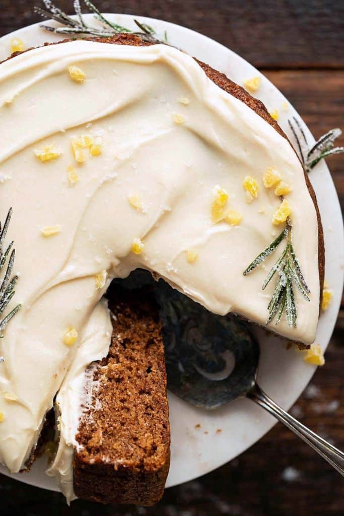 frosted spiced gingerbread cake.