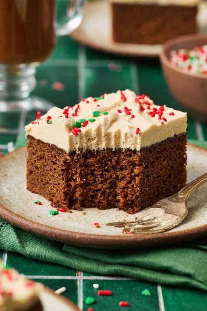slice of gingerbread cake with molasses frosting.