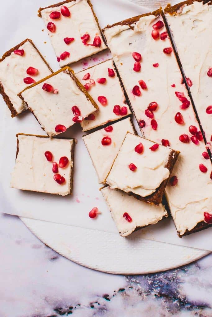 frosted gingerbread blondies on platter.