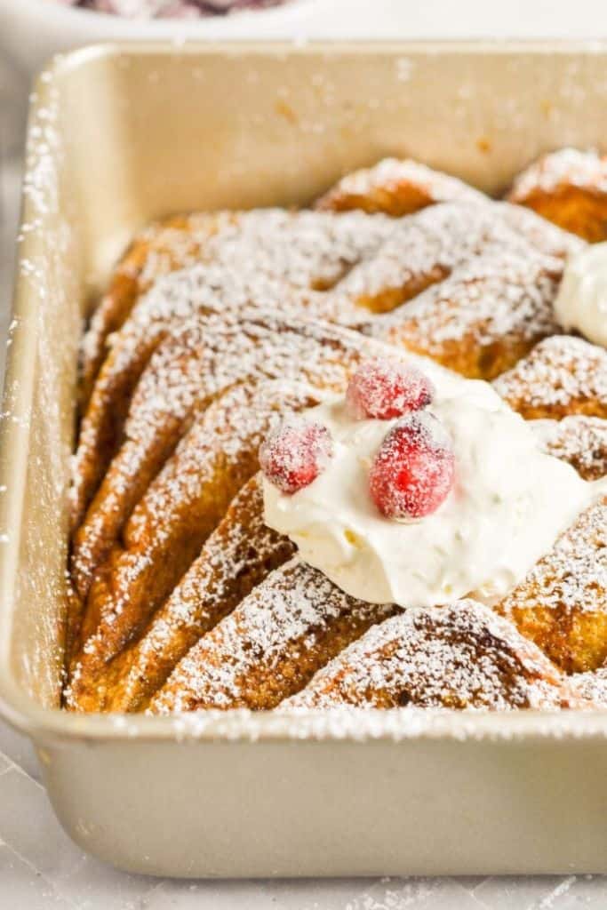 gingerbread french toast casserole in dish.