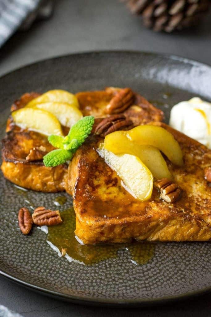 pear and gingerbread french toast on plate.