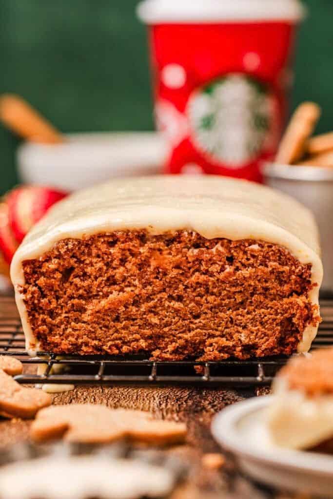 starbucks copycat gingerbread loaf on wire rack.