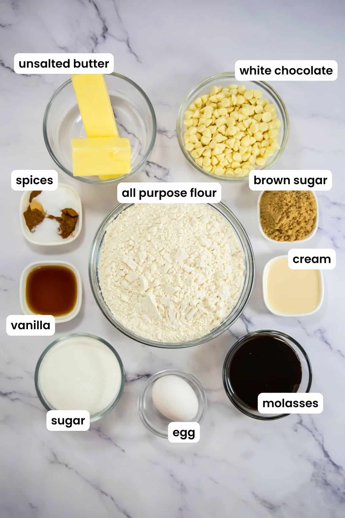 gingerbread thumbprint cookie ingredients labelled.