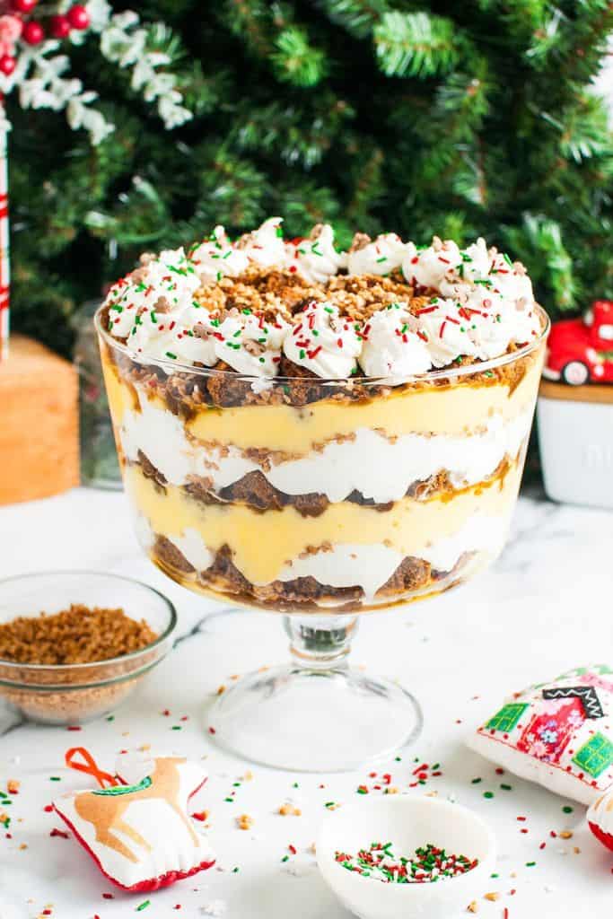 layered gingerbread trifle with festive sprinkles.