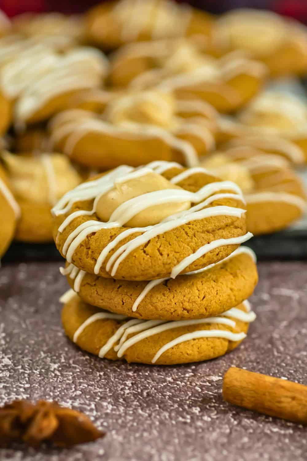 gingerbread thumbprint cookies stacked.