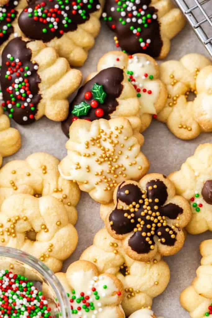 spritz cookies with festive decorations.