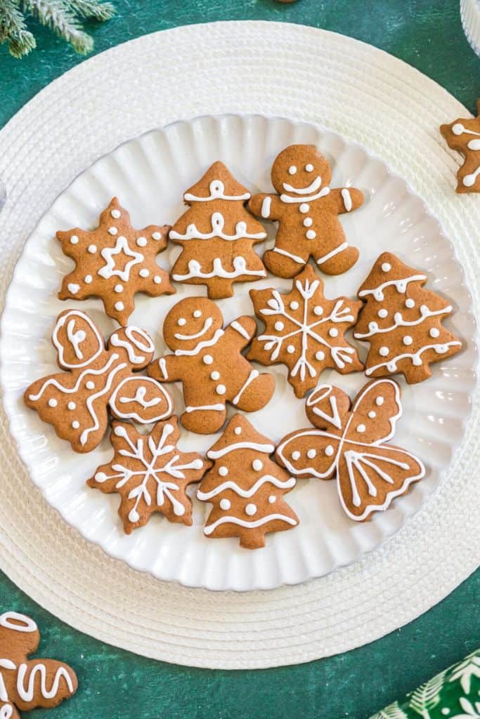 iced gingerbread cookies on platter.