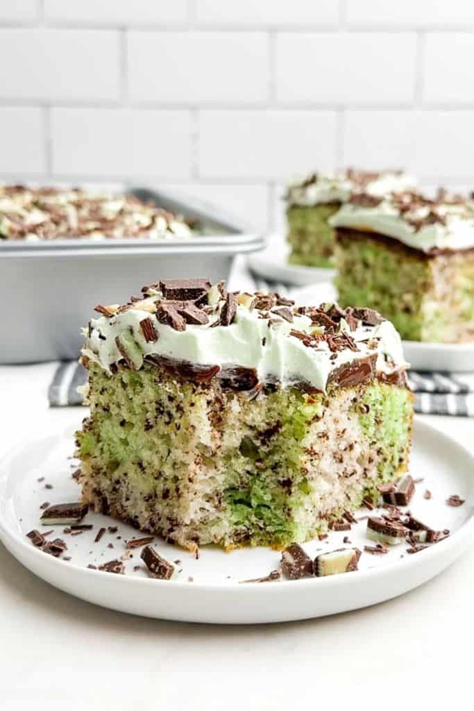 slice of mint chocolate cake on plate.