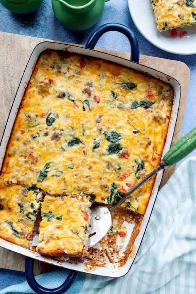 sausage and egg casserole in casserole dish.