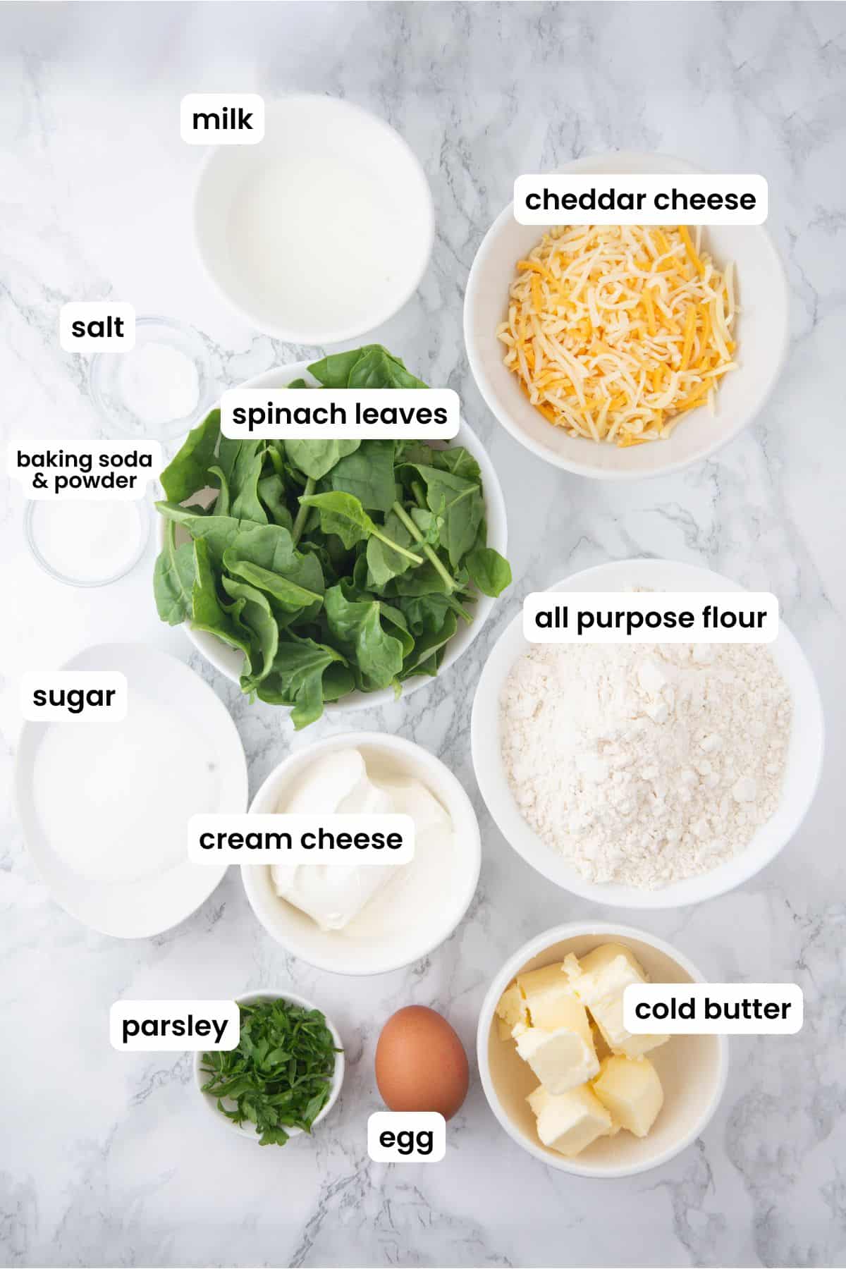 spinach cheese scones ingredients labelled.