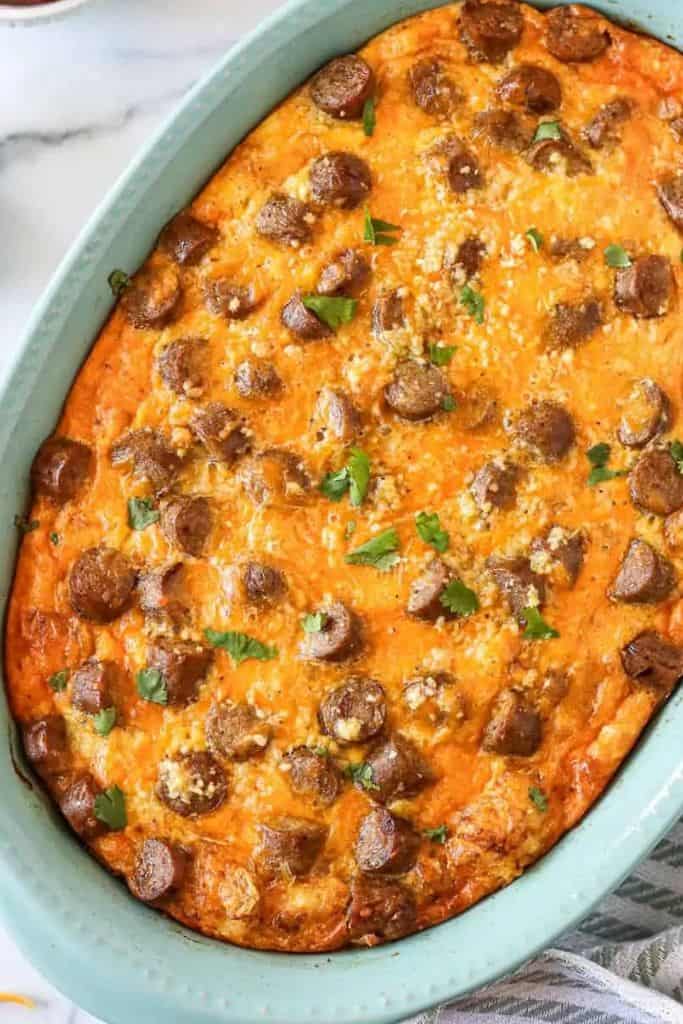 breakfast casserole with tater tots in baking dish.