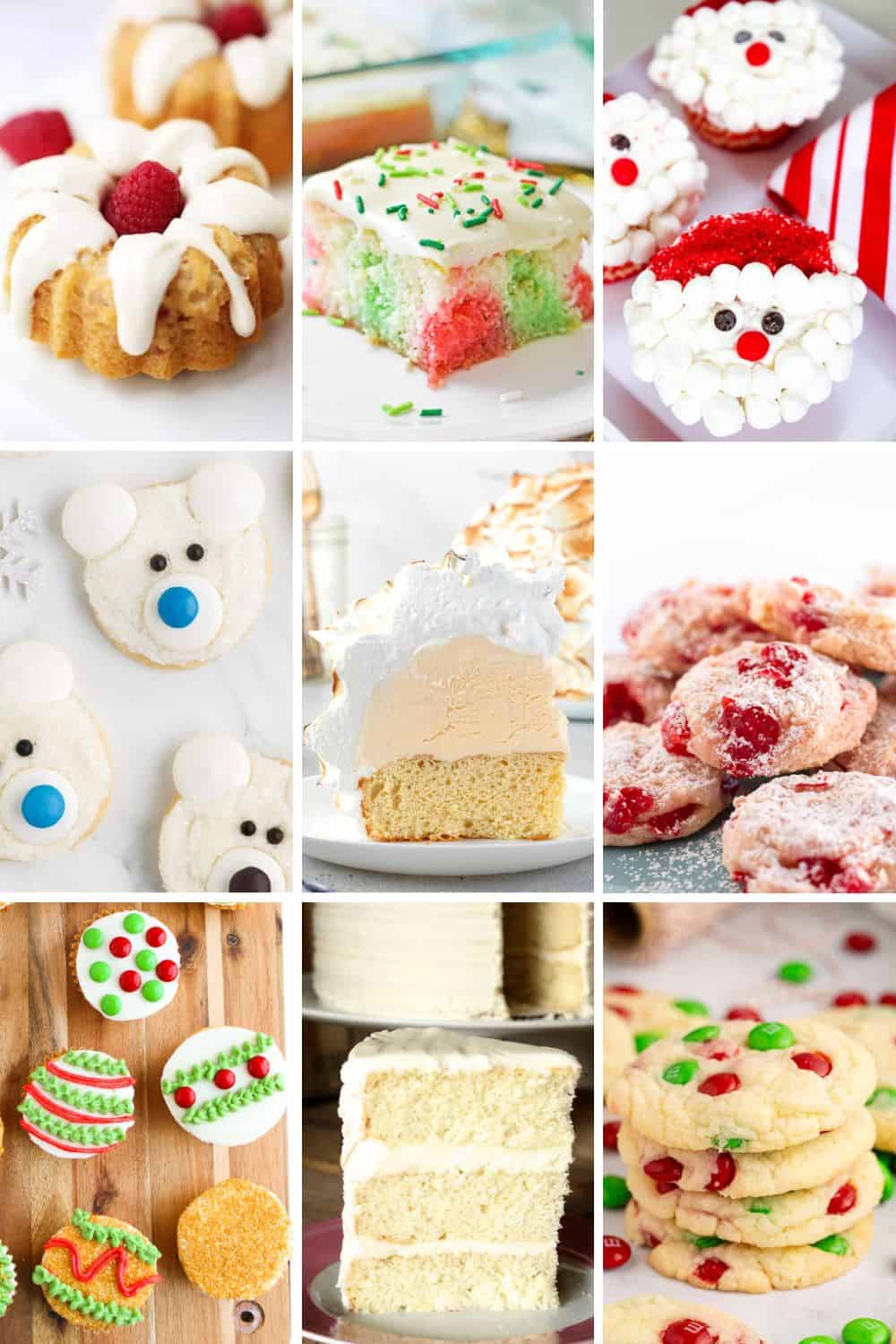 collage of white cake mix desserts for christmas.