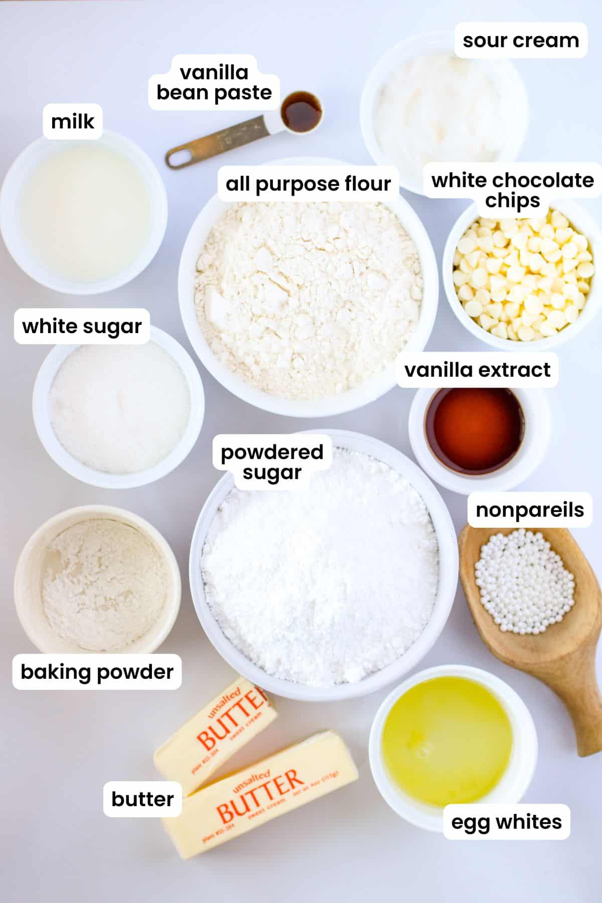 white chocolate cupcakes ingredients labelled.