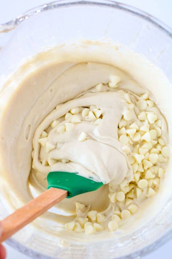 white chocolate chips mixed into cupcakes mixture.