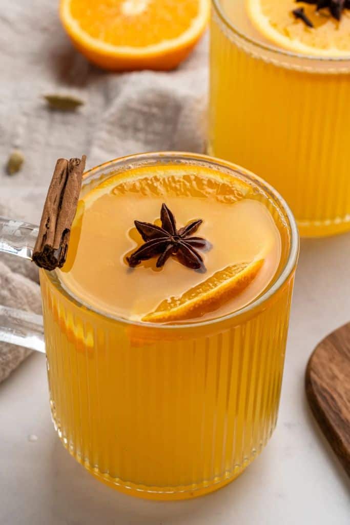 mulled white wine in short glass.