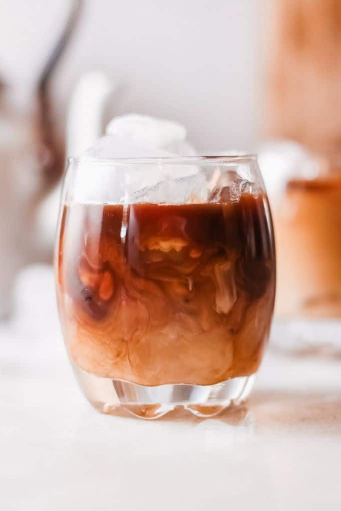 white russian coffee cocktail in short glass.